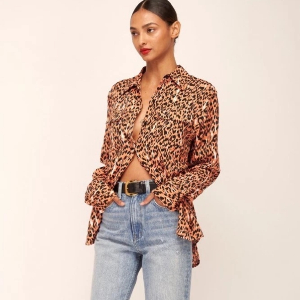 Equipment Femme Flamingo Orange Utility Pocket Oversize Button Up Blouse Small